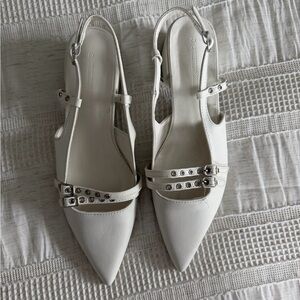 White Pointed Toe Slingback Heels with Studded Straps